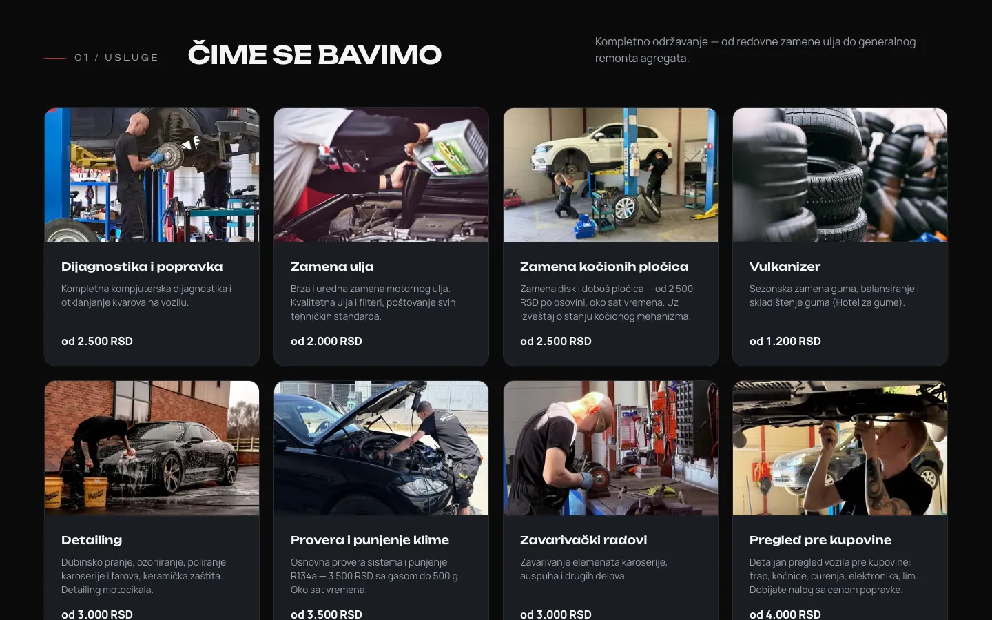 Sajt JUST SERVICE: kartice usluga sa cenama „od“ u dinarima
